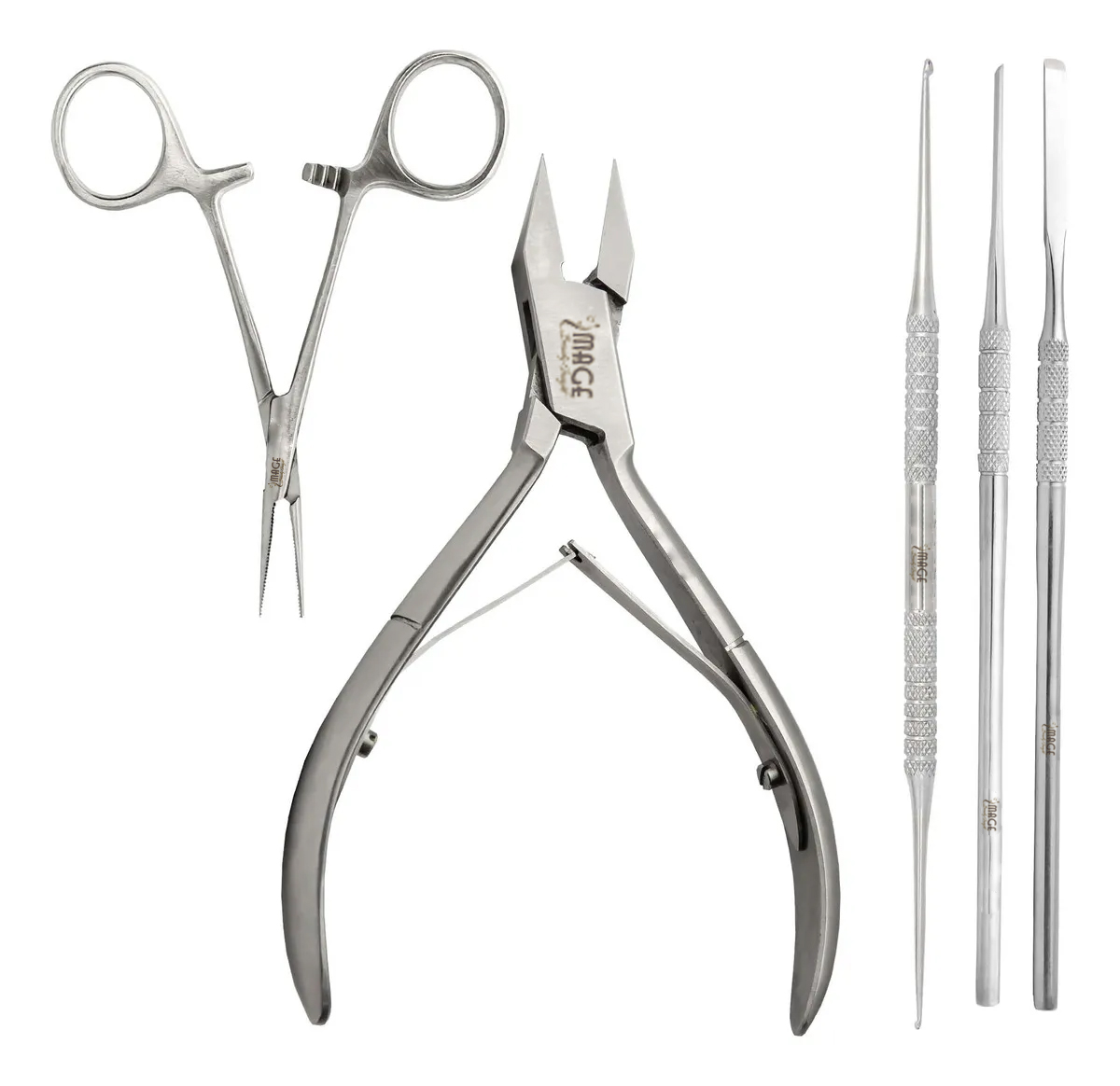 6 (Podiatrist Kit Pliers, Mosco clamp, guides, and spoon (Silver))